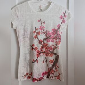 Robin K white sheer pink & red cherry blossom t-shirt size small